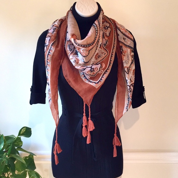 Accessories - SCARF PAISLEY BROWN RUST GRAY TASSELS FALL WINTER